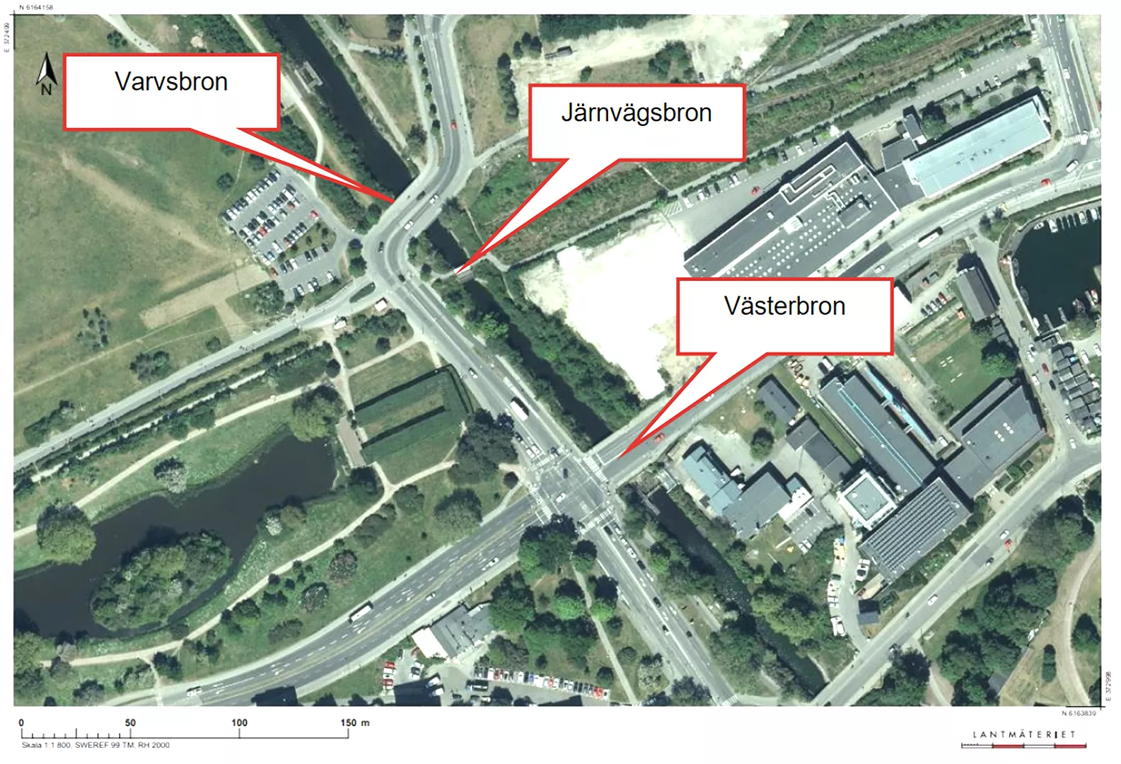Överblick av befintliga broar. Källa: Lantmäteriet