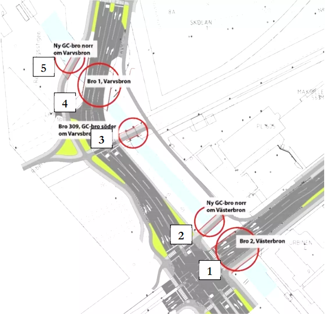 Överblick av befintliga broar. Källa: Lantmäteriet